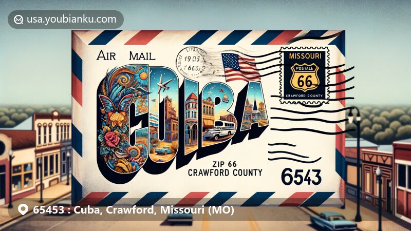 Modern illustration of Cuba, Missouri, depicting ZIP code 65453, with historical mural, Missouri flag, and Crawford County silhouette. Postal theme includes stamp, mailbox, and mail van silhouettes.