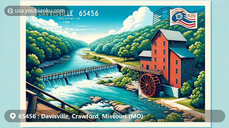 Modern illustration of Davisville, Crawford County, Missouri, focusing on ZIP code 65456 and the historic Dillard Mill State Historic Site, framed by Huzzah Creek and the Ozarks.