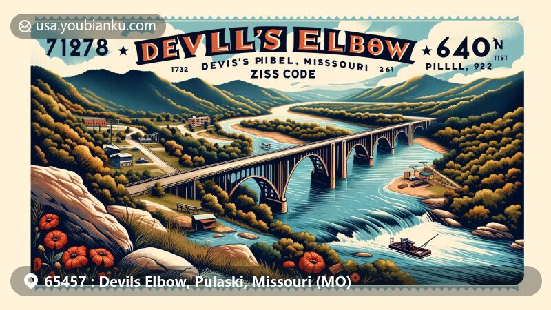 Modern illustration of Devils Elbow community in Pulaski County, Missouri, with ZIP code 65457, featuring iconic Devil's Elbow Bridge on historic Route 66, Ozark Mountains landscape, and vintage postcard design.