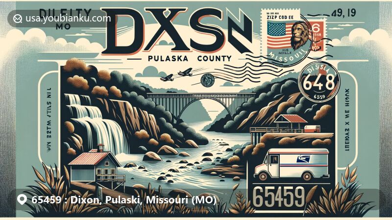 Modern illustration of Dixon, Pulaski County, Missouri, USA, featuring Clifty Natural Bridge and postal elements with ZIP code 65459, set in a backdrop of lush hills and forests.