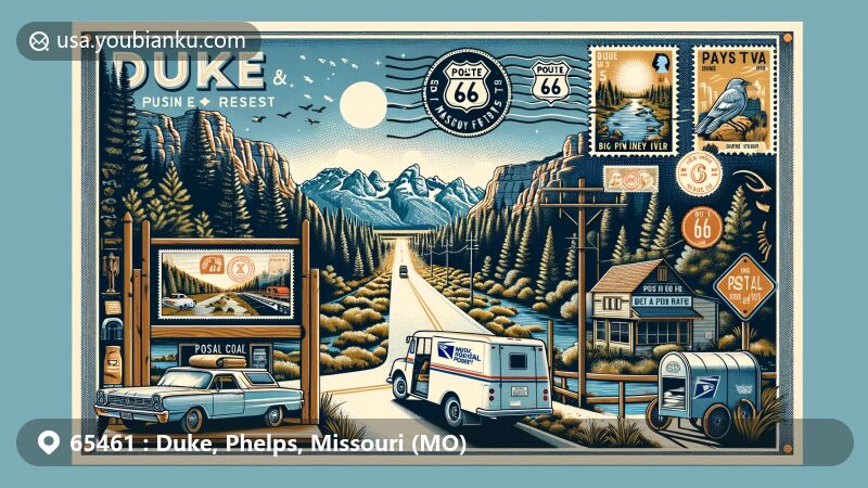 Modern illustration of Duke and Phelps, Missouri, featuring Route 66 landmarks, Mark Twain National Forest, Big Piney River, and ZIP code 65461, with a postal theme of stamps, mailboxes, and postal truck.