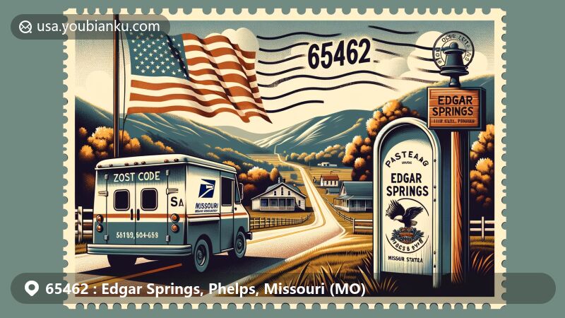 Modern illustration of Edgar Springs, Phelps County, Missouri, blending postal theme with regional characteristics, featuring vintage postal van, mailbox with ZIP code 65462, Missouri state flag elements, and Mark Twain National Forest outline.