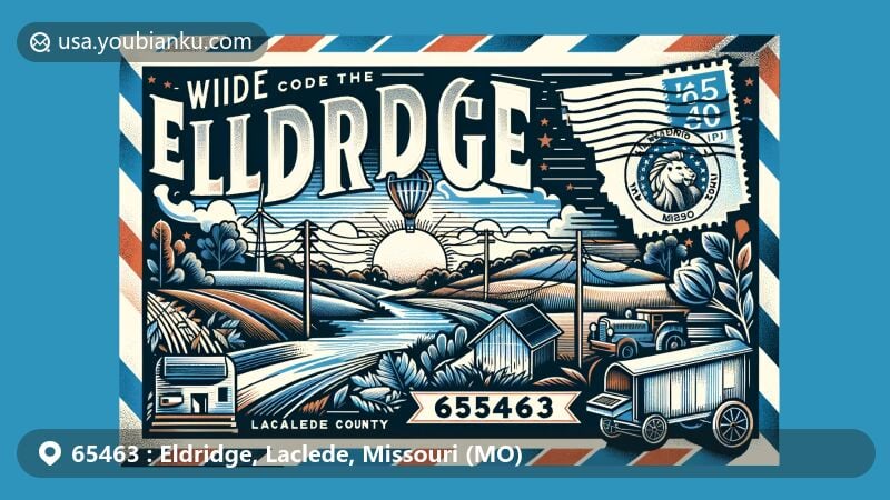 Modern illustration of Eldridge, Laclede County, Missouri, styled as a postcard with ZIP code 65463, showcasing local and postal motifs, including Missouri state symbols and postal elements.