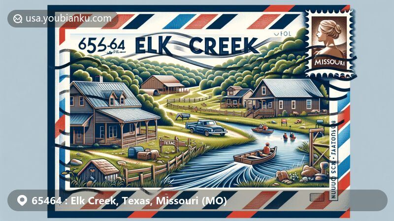 Modern illustration of Elk Creek, Texas County, Missouri, capturing the peaceful rural life and outdoor activities like hiking, fishing, swimming, and camping. Features quaint local business, homes with gardens, airmail envelope theme with Missouri outline, Texas County representation, and ZIP code 65464.