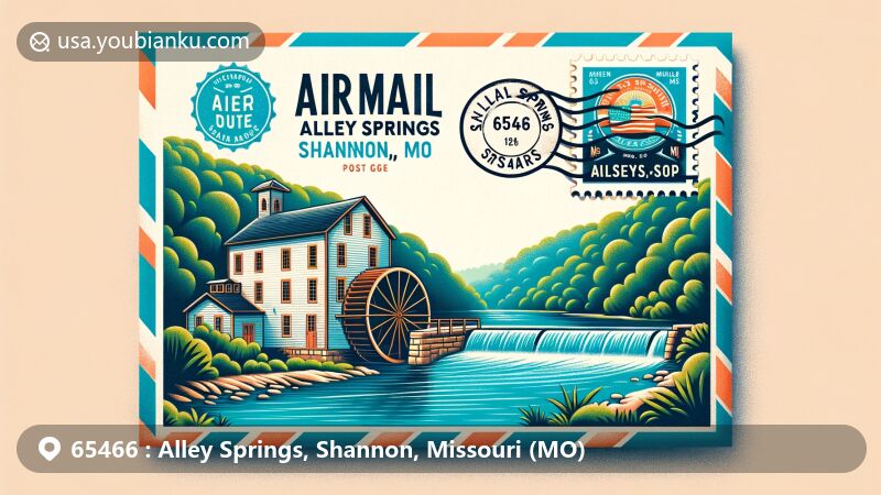 Modern illustration of Alley Spring Grist Mill at Alley Springs, Shannon, Missouri, set against turquoise waters and lush greenery, capturing the natural beauty of the Ozarks. The air mail envelope features a postage stamp with the Missouri state flag, displaying '65466 Alley Springs, MO,' and a postmark with 'Alley Springs, Shannon, MO.