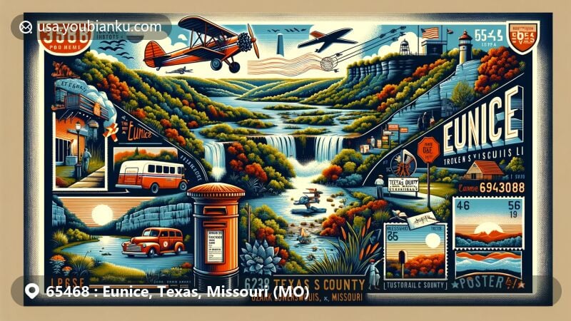 Modern illustration of Eunice, Texas County, Missouri, featuring the natural beauty of Texas County Ozark Highlands, postal theme with ZIP code 65468, and local landmarks like the historical marker of Texas County.