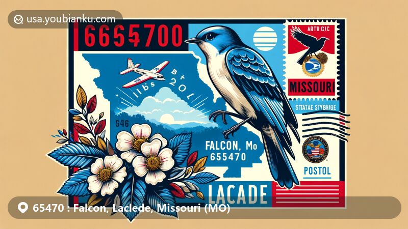 Modern illustration of Falcon, Laclede County, Missouri, capturing the essence of the state with Eastern Bluebird and White Hawthorn Blossom, postal elements, and silhouette of Missouri.