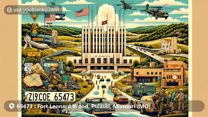 Contemporary illustration of Fort Leonard Wood area in Pulaski County, Missouri, showcasing military base and Missouri Ozarks, with aerial view, military training symbols, Route 66 signs, and cultural elements.