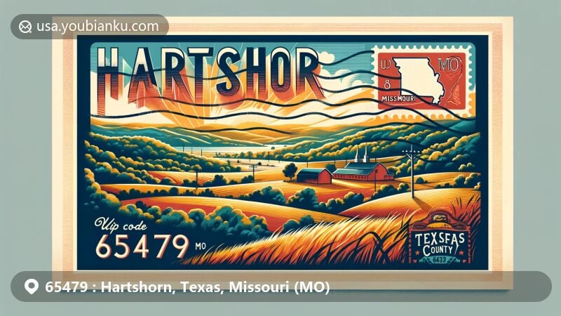 Vintage-style illustration of Hartshorn, Missouri, showcasing rural beauty with rolling hills and dense forests, featuring postal elements like postage stamp and postal mark.