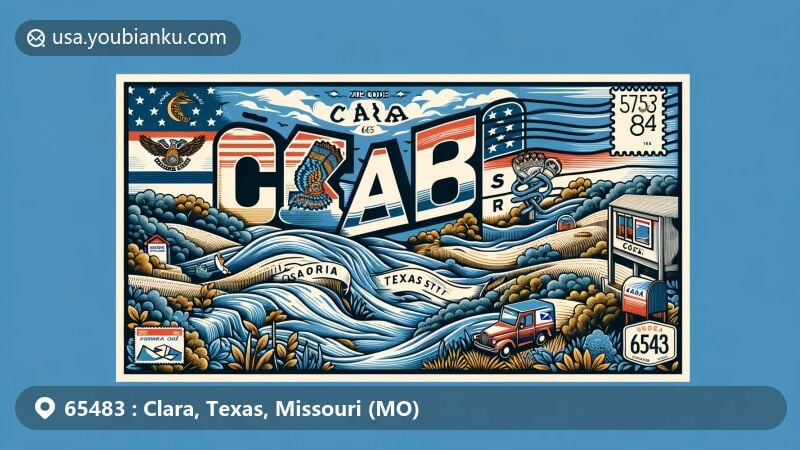 Modern illustration of Clara, Texas County, Missouri, incorporating county outline and Big Piney River symbol, with ZIP code 65483, featuring postcard design with postal elements and Missouri state symbolism.