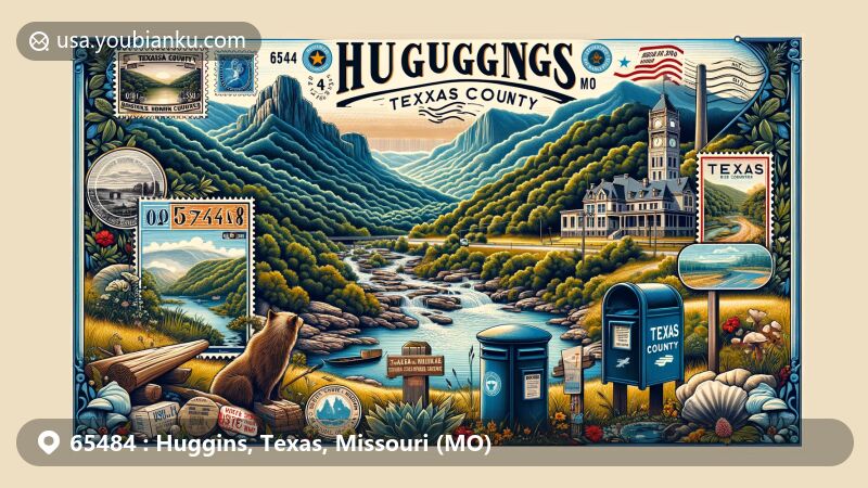 Modern illustration of Huggins, Texas County, Missouri, showcasing the Ozark Highlands with rugged hills, springs, creeks, rivers, and caves, embodying the area's natural beauty and historical heritage.