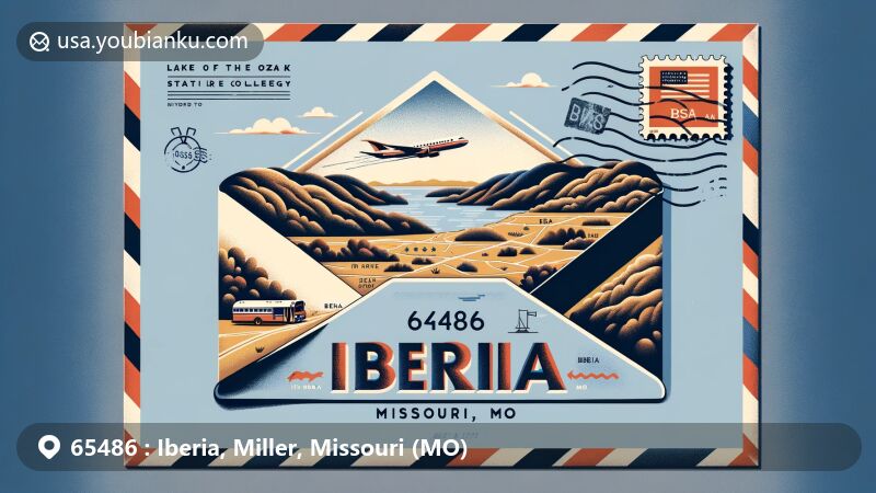 Modern illustration of Iberia, Missouri, featuring an airmail envelope with map outline, Ozarks hills, and Lake of the Ozarks State Park, highlighting postal theme with '65486 Iberia, MO' stamp and postmark, incorporating postal elements and honoring natural beauty and history of the area.