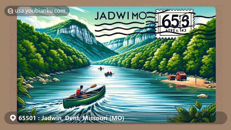 Modern illustration of Jadwin, Dent County, Missouri, featuring ZIP code 65501, showcasing Current River for canoeing, rafting, kayaking, and tubing activities, surrounded by lush forests and towering bluffs.