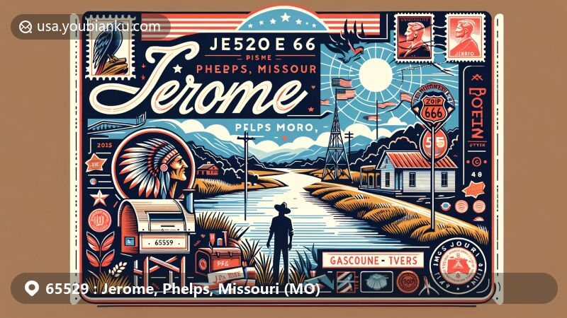 Modern illustration of Jerome, Phelps, Missouri, featuring ZIP code 65529, showcasing Route 66, Trail of Tears Memorial, Gasconade River, and Ozark Mountains.