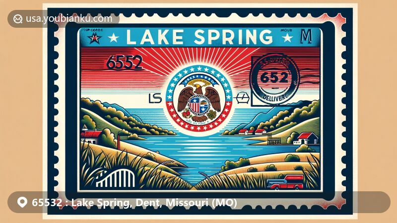 Modern illustration of Lake Spring, Dent County, Missouri, capturing postal theme with vintage air mail envelope and Missouri state flag, showcasing natural beauty and rural charm of the area.