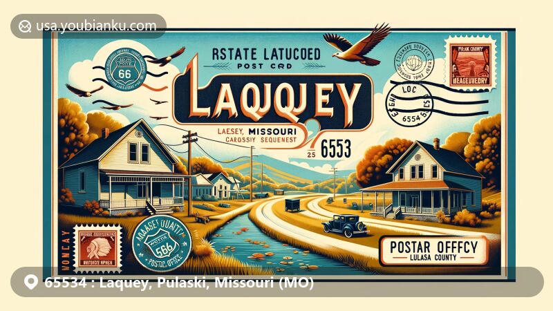 Modern illustration of Laquey, Pulaski County, Missouri, depicting postal theme with vintage postal card design and '65534' ZIP code, showcasing Route 66 history, Laquey Post Office, and natural scenery near Mark Twain National Forest.