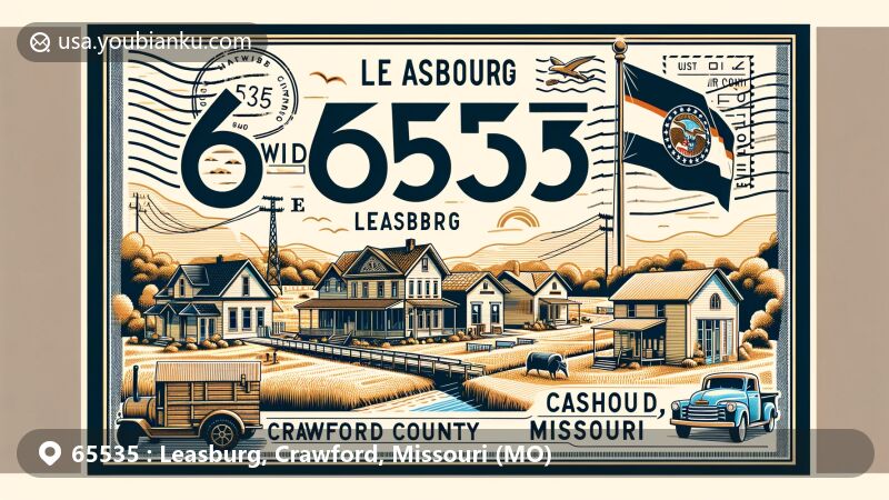 Vintage-style illustration of Leasburg, Crawford County, Missouri, featuring ZIP code 65535, state flag, and postal elements on a postcard backdrop.