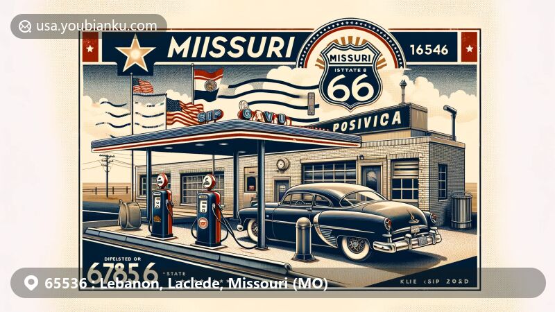 Modern illustration of vintage scene inspired by Route 66 Museum in Lebanon, Missouri, featuring recreated gas station with vintage pumps, rusty guard rail, 1950s car under service awning, and Missouri state silhouette with flag.