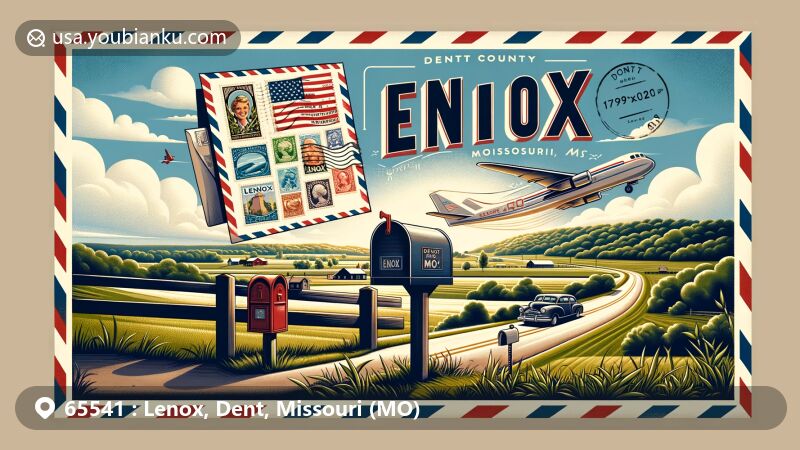 Modern illustration of Lenox area, Dent County, Missouri, featuring airmail-themed design with ZIP code 65541, showcasing regional and postal elements.