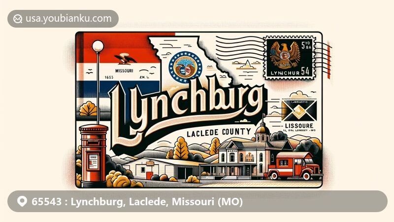 Modern illustration of Lynchburg, Laclede County, Missouri, with state flag, county outline, and symbolic elements representing natural beauty, featuring ZIP code 65543, postal theme with stamp, postmark, mailbox, and mail truck.