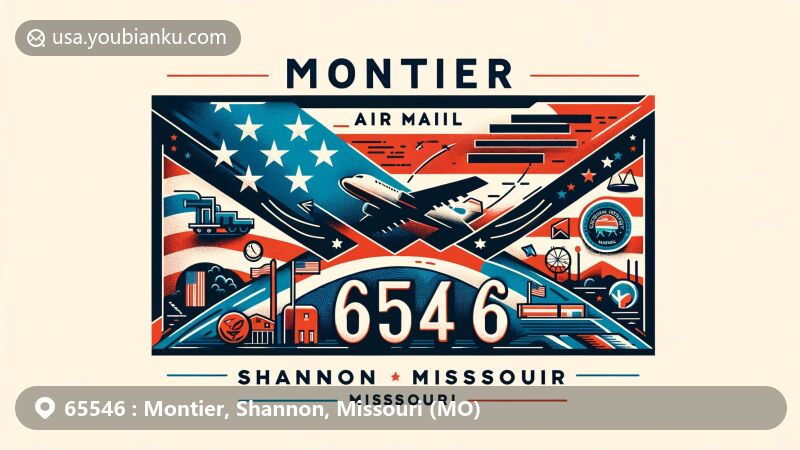 Detailed illustration of Montier, Shannon County, Missouri, with ZIP code 65546, showcasing air mail envelope, Missouri state flag, Shannon County outline, and local symbols.