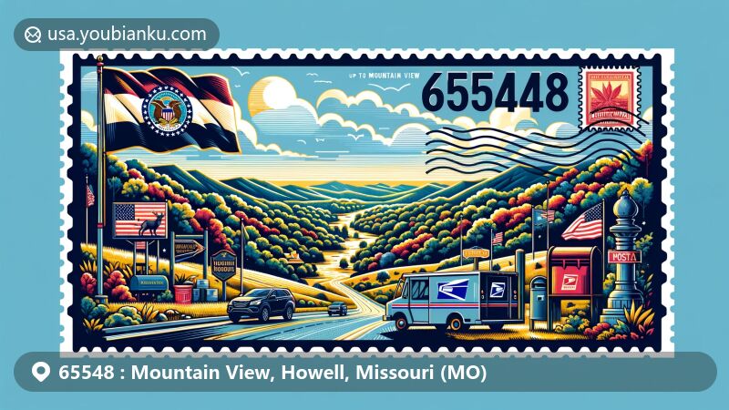 Modern illustration of Mountain View, Missouri, in ZIP code 65548 area, displaying natural beauty of the Missouri Ozarks with state symbols and postal elements.