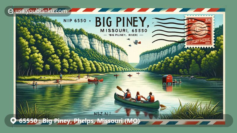 Modern illustration of Big Piney, Phelps County, Missouri, depicting the tranquil Big Piney River with lush forests and limestone bluffs, a family canoeing, and vintage postal theme elements with ZIP code 65550.