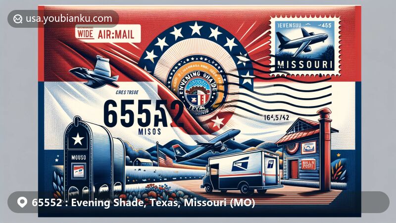 Modern illustration of an airmail envelope inspired by the Missouri state flag, featuring '65552' and 'Evening Shade, Texas, Missouri', with a postage stamp of a famous Missouri landmark. Includes American mailbox, mail truck, and regional postal motifs.