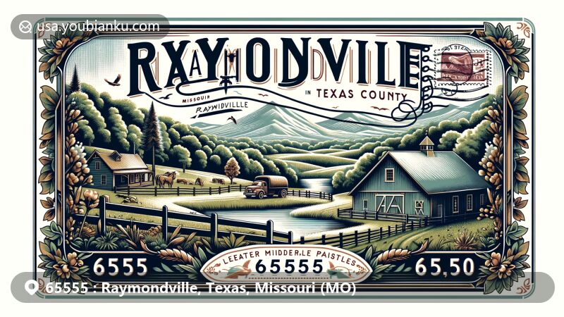 Modern illustration of Raymondville, Texas County, Missouri, showcasing ZIP code 65555 with pastoral charm, natural beauty, rustic barn, serene pond, airmail envelope border, vintage stamp, postal truck, and elements reflecting lower-middle-class demographic and white population.