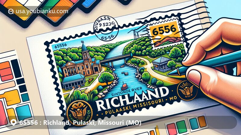 Modern illustration of Richland, Pulaski County, Missouri, emphasizing air mail envelope with vibrant stamps and postmarks showcasing ZIP code 65556 and scenic attractions.