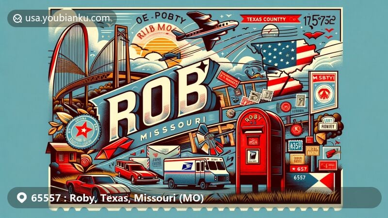 Creative postcard illustration of Roby, Missouri, showcasing postal theme with ZIP code 65557, featuring Missouri River, Gateway Arch, vintage airmail envelope, and postal elements.