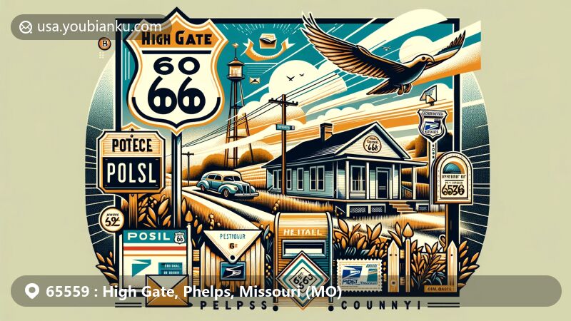 Contemporary depiction of High Gate, Phelps, Missouri, celebrating ZIP code 65559 and local culture, featuring iconic Route 66 design, eastern Maries County landscape, vintage post office facade, classic mailbox, and postal-themed elements.