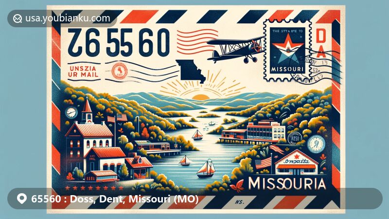 Vintage-style illustration of Doss area in Dent County, Missouri, representing postal theme with ZIP code 65560, featuring Ozarks natural beauty, Doss community, and Missouri state symbols.