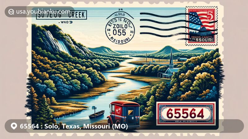 Modern illustration of Solo, Texas County, Missouri, featuring Hog Creek and postal theme with ZIP code 65564, incorporating Missouri state flag and vintage postal elements.
