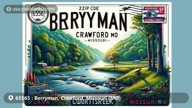A modern illustration of Berryman, Crawford, Missouri, showcasing the scenic beauty of Mark Twain National Forest and Courtois Creek, with a vintage air mail envelope and Missouri state flag stamp, emphasizing ZIP code 65565.