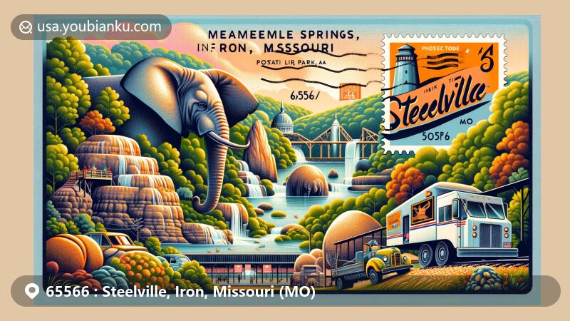 Modern illustration of Steelville, Iron, Missouri (MO), with ZIP code 65566, showcasing Maramec Spring Park, Elephant Rocks State Park, and postal elements in a wide-format.