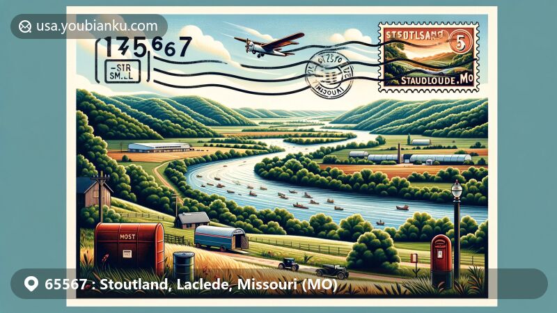Creative illustration of Stoutland, Laclede County, Missouri, showcasing postal elements with ZIP code 65567, highlighting picturesque countryside, Gasconade River, and local landmarks.