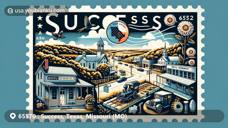 Modern illustration of Success, Texas County, Missouri, highlighting postal theme with ZIP code 65570, featuring state flower, white hawthorn blossom, and state bird, Eastern bluebird.