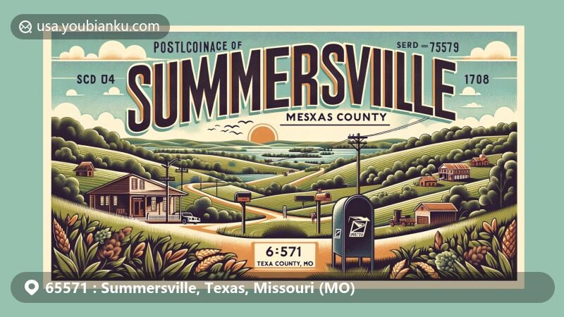Modern illustration of Summersville, Missouri, postal-themed art with ZIP code 65571, featuring lush greenery and tranquil rural scene.