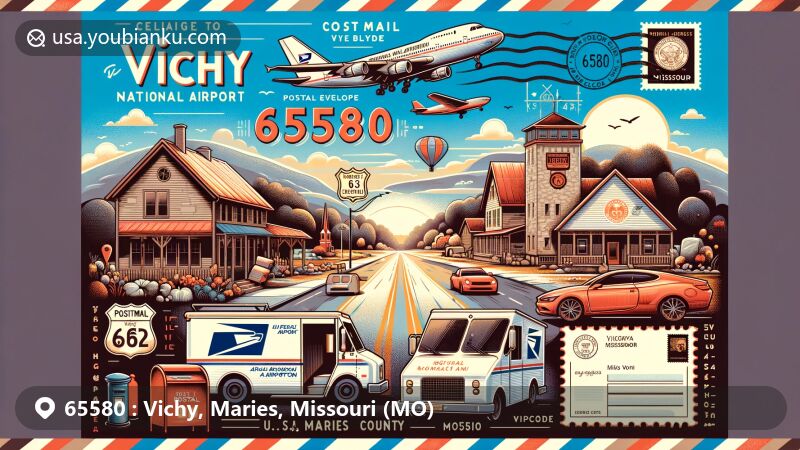 Modern illustration of Vichy, Maries County, Missouri, combining postcard and airmail envelope design, featuring ZIP Code 65580, showcasing Rolla National Airport, U.S. Route 63, and the natural beauty of the region.