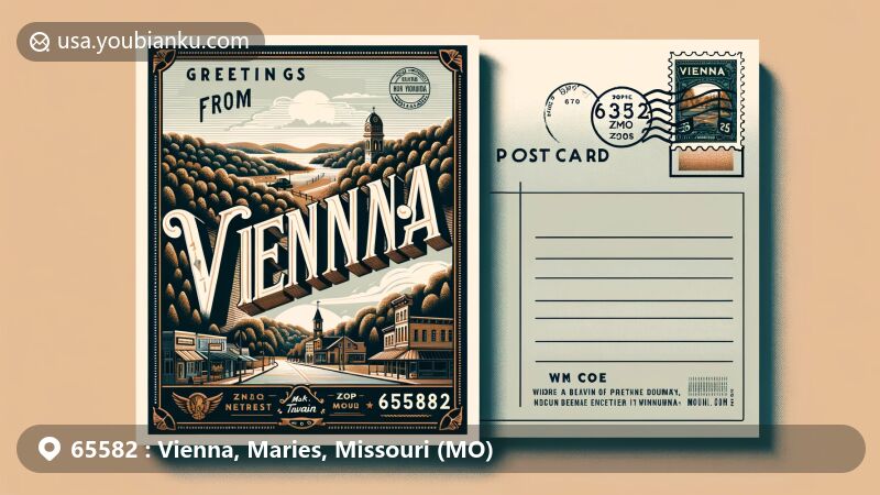Postcard illustration of Vienna, Missouri, featuring scenic Mark Twain National Forest views and iconic town elements, with vintage postal theme and ZIP code 65582.