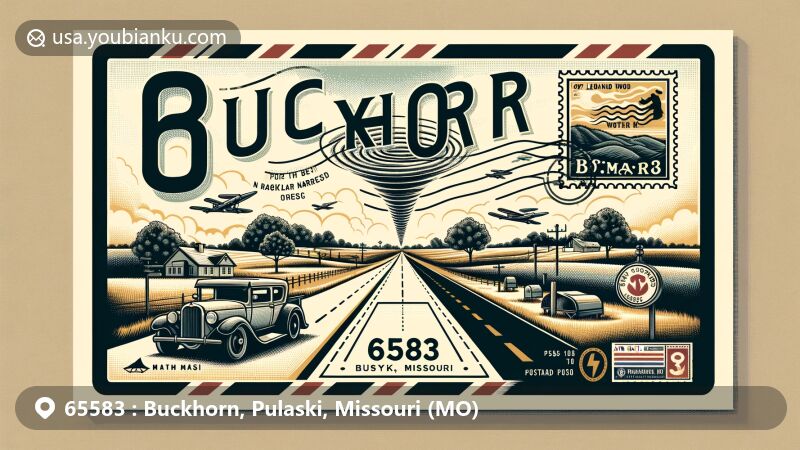 Modern illustration of Buckhorn, Pulaski County, Missouri, featuring Route 66, Mark Twain National Forest, and Fort Leonard Wood, highlighting ZIP code 65583 and postal history with stamps, postmark, and mail symbols.
