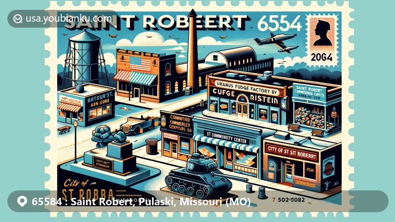 Modern illustration of Saint Robert, Missouri, with ZIP code 65584, featuring Uranus Fudge Factory and General Store, Saint Robert Community Center, M-60 Tank monument, and City of St Robert Museum.