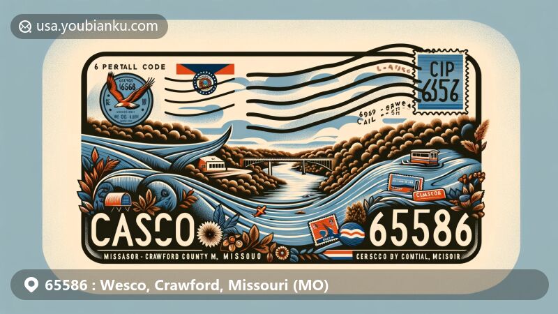 Modern illustration of Wesco, Crawford County, Missouri, showcasing postal theme with ZIP code 65586, featuring the Meramec River, vintage air mail envelope, and Missouri state symbols.