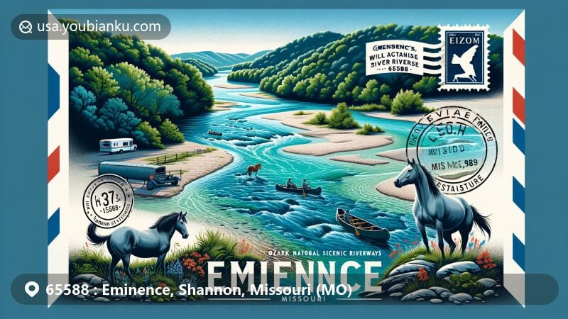 Modern illustration of Eminence, Shannon County, Missouri, featuring Ozark National Scenic Riverways, with Current and Jack’s Fork Rivers, wild horses, and outdoor activities like canoeing and horseback riding.