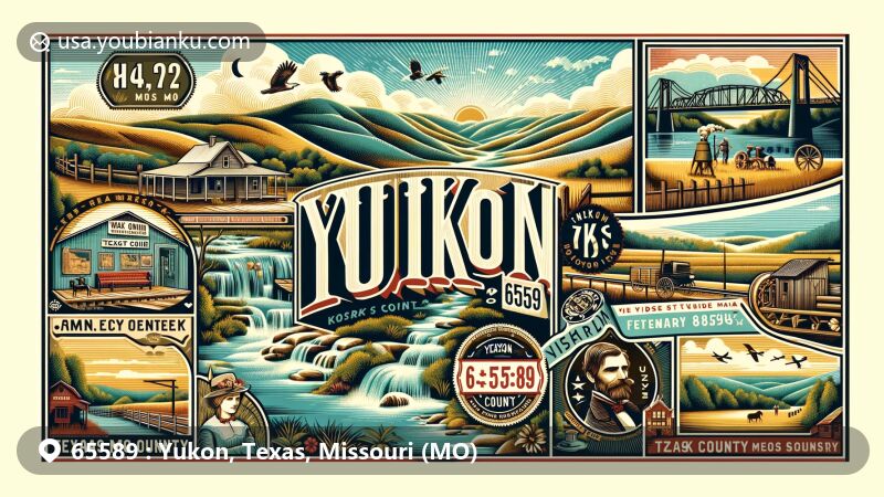 Modern illustration of Yukon, Texas County, Missouri, featuring ZIP code 65589, highlighting Ozark Highlands, Civil War significance, early settler history, timber, farming, and postal theme.