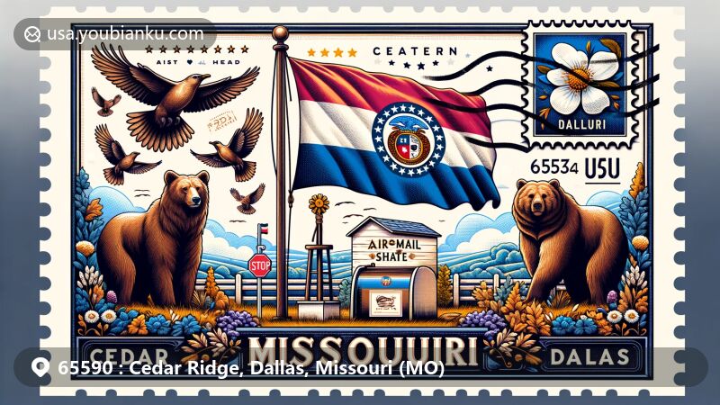 Modern illustration of Cedar Ridge area, Dallas County, Missouri, featuring Missouri state flag with 24 stars, grizzly bears, Eastern Bluebird, white hawthorn blossom, flowering dogwood, airmail envelope, postage stamp, and '65590' ZIP code.