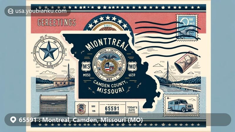 Modern illustration of Montreal, Camden County, Missouri, featuring postal theme with ZIP code 65591, showcasing Missouri state flag, Montreal map, postal elements, and elegant 'Greetings from Montreal, Missouri' text.