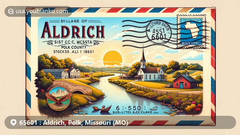 Modern illustration of Aldrich, Missouri, showcasing vintage airmail envelope with postcard of Little Sac River and Polk County map, accompanied by traditional postal elements and historical landmarks.