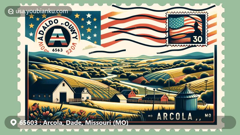Serene rural landscape of Arcola, Missouri with Dade County outline and symbolic postal elements, highlighting ZIP Code 65603 and America-Missouri state symbols.